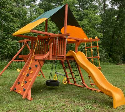 Woodplay canopy wooden playground playset with slide and tire swing Charleston, WV